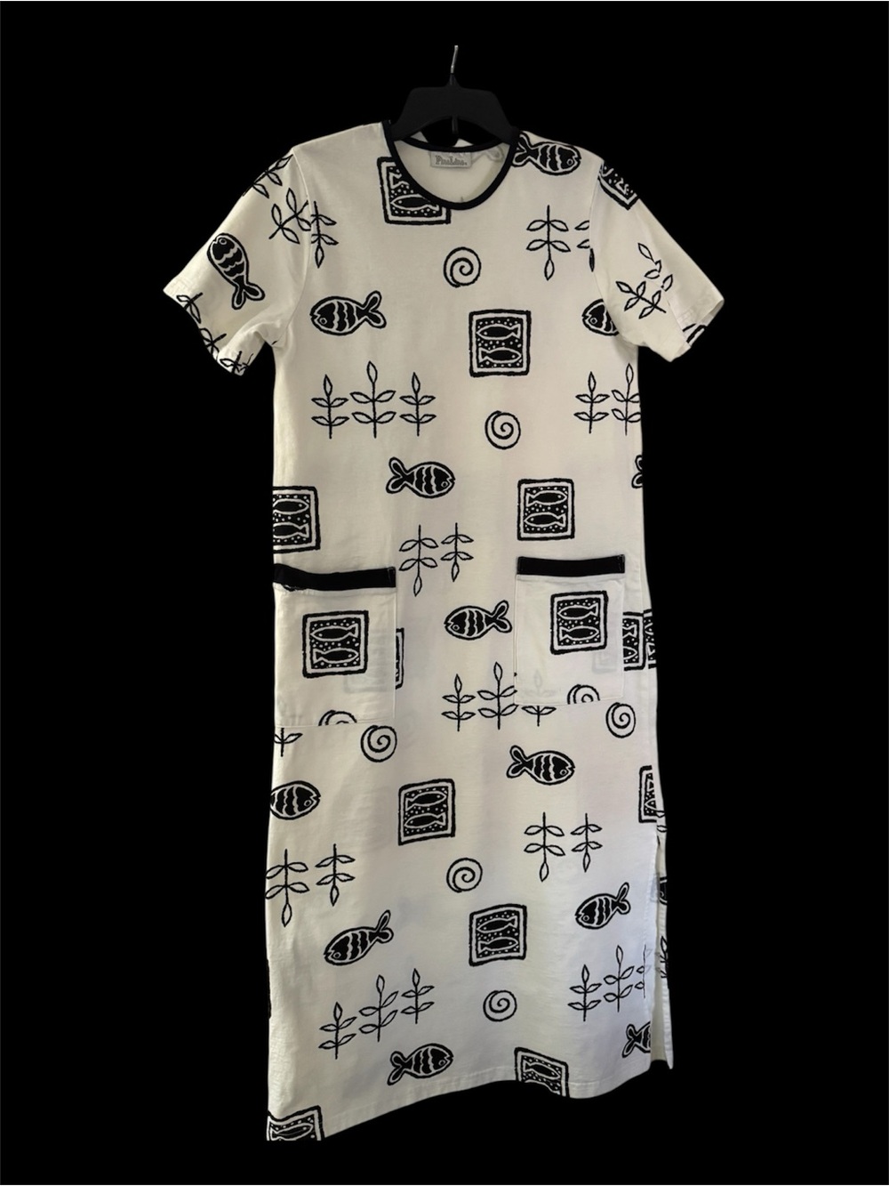 Fine Line Black & Cream Patterned Short-Sleeve Maxi Dress Size:M